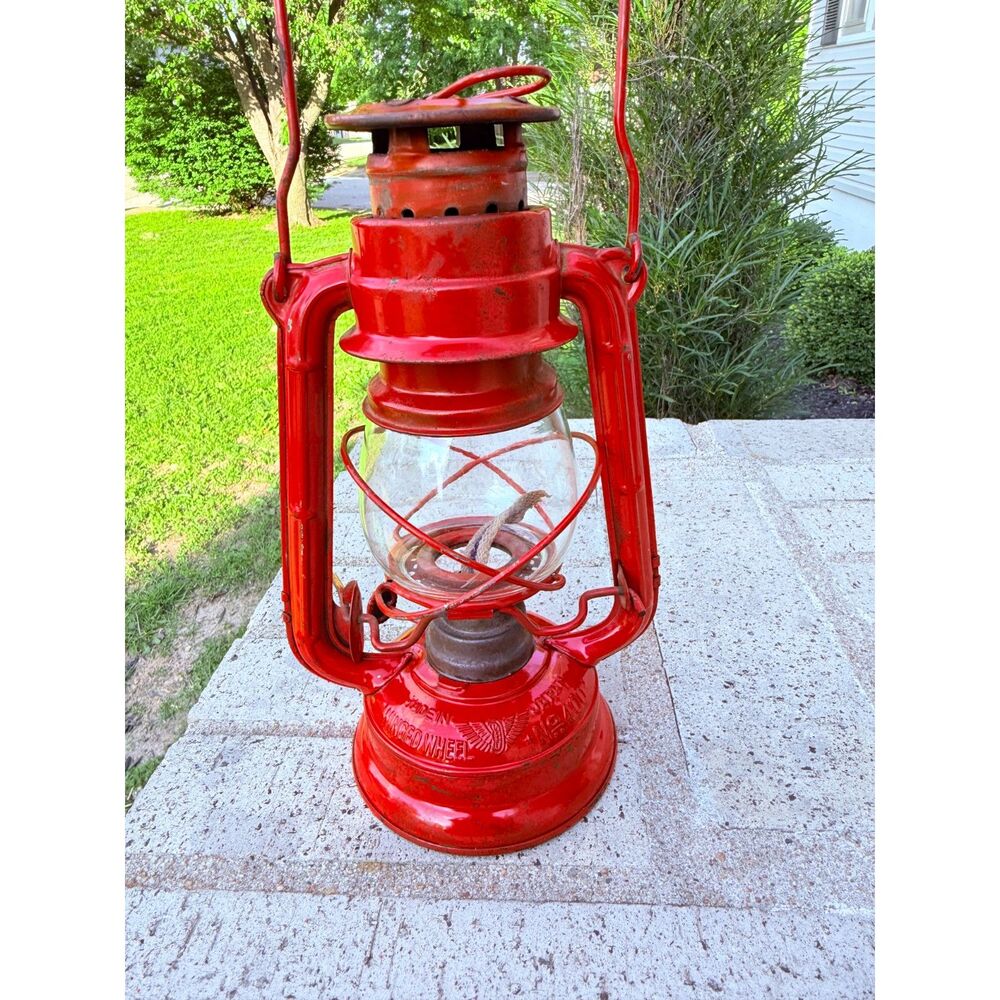 Vintage Winged Wheel No 400 Red Kerosene Lantern Made In Japan Farmhouse Decor